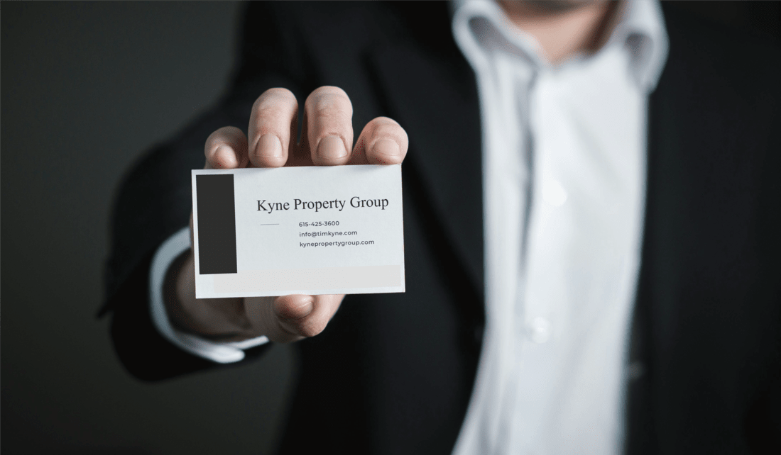 An image of a business card with Kyne Property Group's contact info on it. To be used by anyone seeking real estate info in the Greater Nashville area